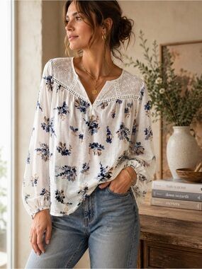 Melloday‎ Floral Eyelet Boho Blouse Romantic Oversized Top 2X